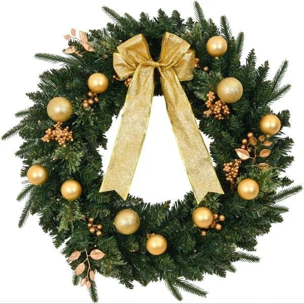 24in Pre-Lit Christmas Wreath with Remote – Battery Powered, 50 Warm Lights, 120 Tips & Ornaments for Door or Wall.