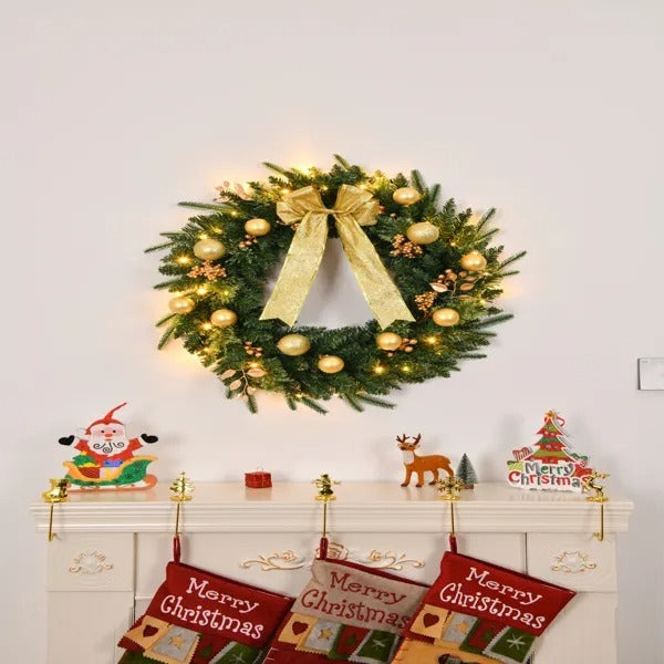 24in Pre-Lit Christmas Wreath with Remote – Battery Powered, 50 Warm Lights, 120 Tips & Ornaments for Door or Wall.