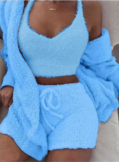 3pcs Women's Long Sleeve Crop, Tank Top and Shorts Pajama Set