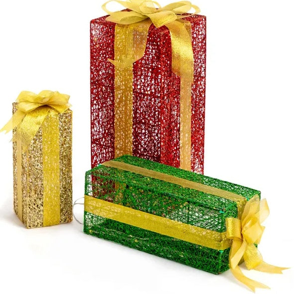 VINGLI Set of 3 Lighted Gift Boxes – 90 LED Warm Lights, Nestable with Stakes for Indoor/Outdoor Christmas Decor.