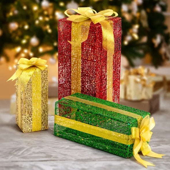 VINGLI Set of 3 Lighted Gift Boxes – 90 LED Warm Lights, Nestable with Stakes for Indoor/Outdoor Christmas Decor.
