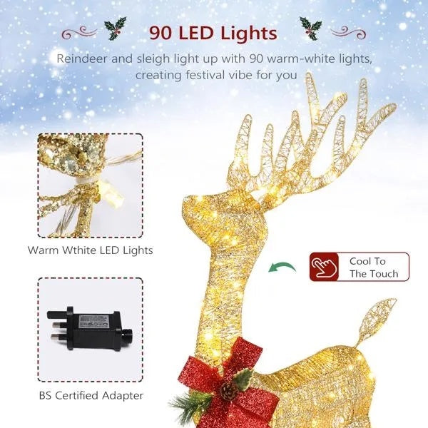 4ft Lighted Reindeer with Sleigh – 90 LEDs, Weatherproof, Includes Stakes & Zip Ties for Indoor/Outdoor Christmas Decor.