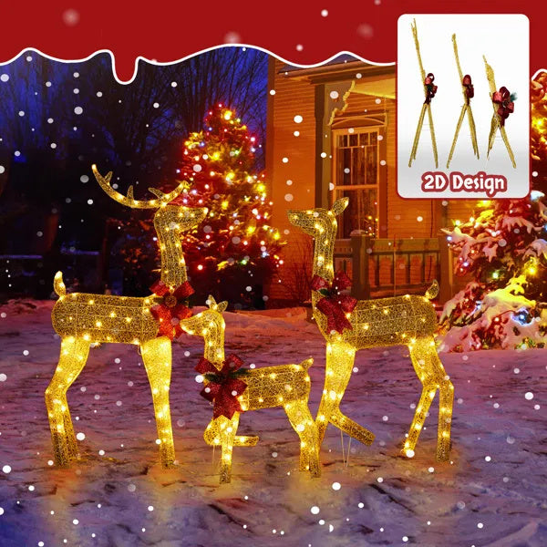 3-Piece Lighted Reindeer Set – 200 Warm LEDs, Weatherproof with Stakes, Outdoor Golden Christmas Decor.