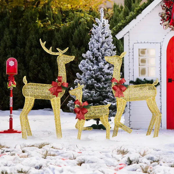 3-Piece Lighted Reindeer Set – 200 Warm LEDs, Weatherproof with Stakes, Outdoor Golden Christmas Decor.