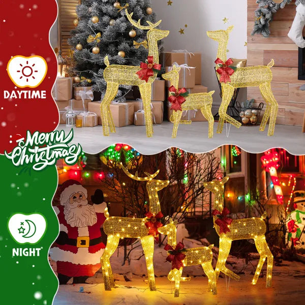 3-Piece Lighted Reindeer Set – 200 Warm LEDs, Weatherproof with Stakes, Outdoor Golden Christmas Decor.