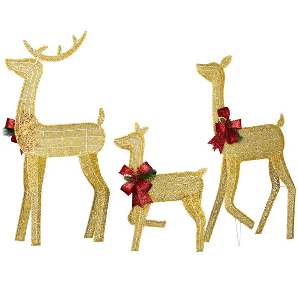 3-Piece Lighted Reindeer Set – 200 Warm LEDs, Weatherproof with Stakes, Outdoor Golden Christmas Decor.
