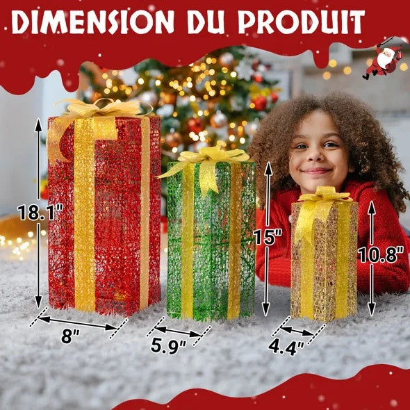 VINGLI Set of 3 Lighted Gift Boxes – 90 LED Warm Lights, Nestable with Stakes for Indoor/Outdoor Christmas Decor.