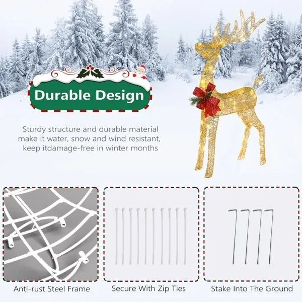 4ft Lighted Reindeer with Sleigh – 90 LEDs, Weatherproof, Includes Stakes & Zip Ties for Indoor/Outdoor Christmas Decor.