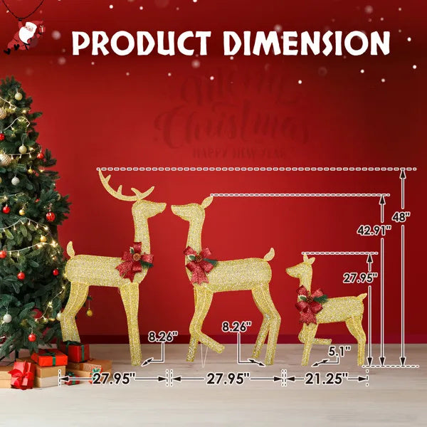 3-Piece Lighted Reindeer Set – 200 Warm LEDs, Weatherproof with Stakes, Outdoor Golden Christmas Decor.