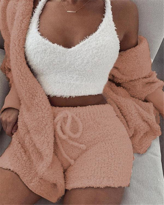 3pcs Women's Long Sleeve Crop, Tank Top  and Shorts Pajama Set