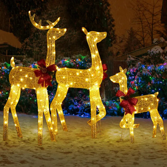 3-Piece Lighted Reindeer Set – 200 Warm LEDs, Weatherproof with Stakes, Outdoor Golden Christmas Decor.
