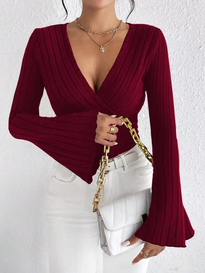 Elegant Ribbed V-Neck Flared Sleeve Top