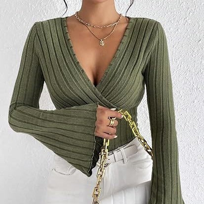 Elegant Ribbed V-Neck Flared Sleeve Top