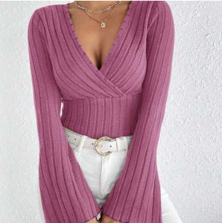 Elegant Ribbed V-Neck Flared Sleeve Top