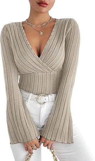 Elegant Ribbed V-Neck Flared Sleeve Top