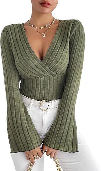 Elegant Ribbed V-Neck Flared Sleeve Top