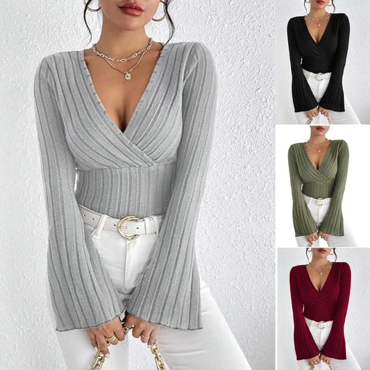Elegant Ribbed V-Neck Flared Sleeve Top