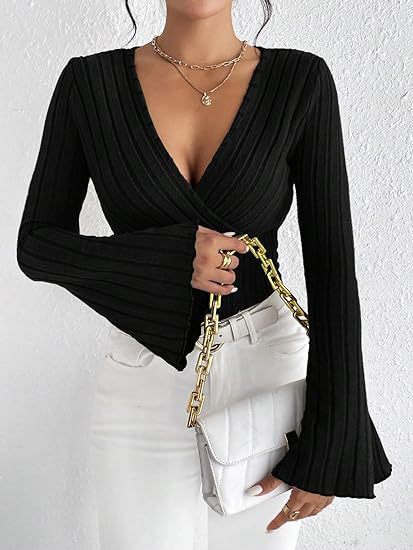 Elegant Ribbed V-Neck Flared Sleeve Top