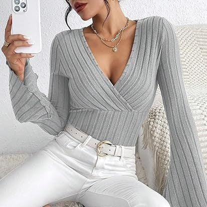 Elegant Ribbed V-Neck Flared Sleeve Top