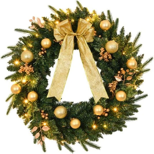 24in Pre-Lit Christmas Wreath with Remote – Battery Powered, 50 Warm Lights, 120 Tips & Ornaments for Door or Wall.