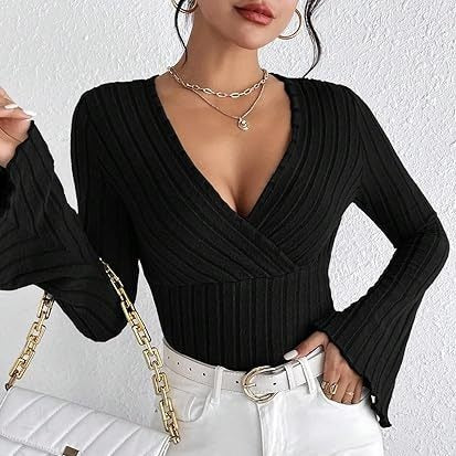 Elegant Ribbed V-Neck Flared Sleeve Top