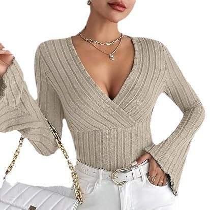 Elegant Ribbed V-Neck Flared Sleeve Top