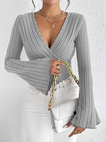 Elegant Ribbed V-Neck Flared Sleeve Top